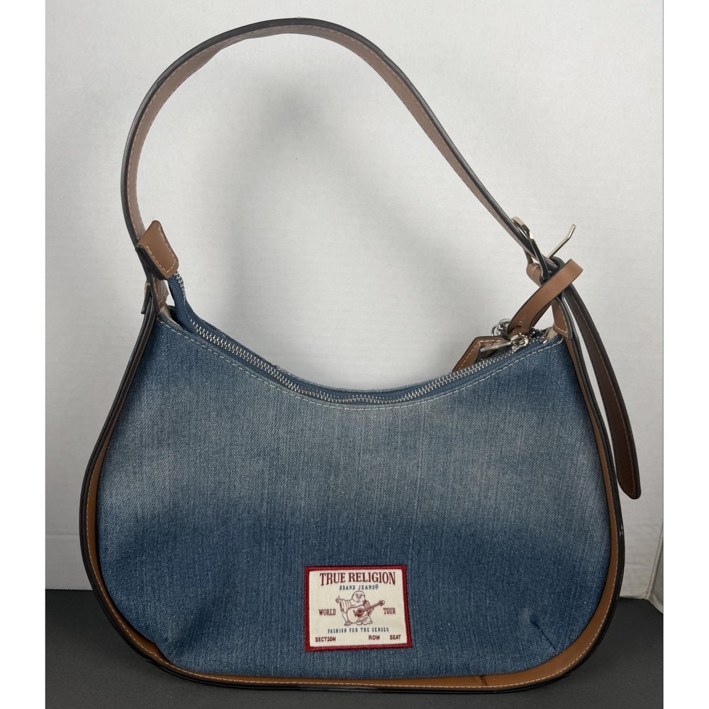 True Religion Shoulder Bag Womens Medium Blue Denim Patchwork Logo Faux Leather